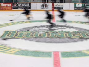 Players skate down the ice during the first day of the Humboldt Broncos training camp at Elgar Petersen Arena in Humboldt, Sask. in late August.