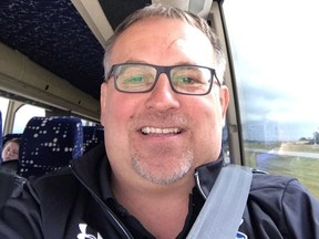 Neil Langevin, the head coach of the University of Lethbridge Pronghorns women's rugby team, is shown in a handout photo. Langevin says he's making it a habit to wear his seatbelt on the team's bus. Other coaches and at least half of the players on his team at the southern Alberta school are also buckling up.