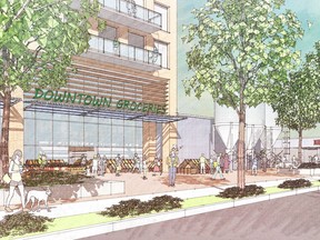 This conceptual image from Arbutus Properties shows a potential redevelopment of the city yards that includes a grocery store. Arbutus has approached the City of Saskatoon seeking to purchase the city yards, which comprise about 22 acres in the Central Industrial area. (Arbutus Properties)