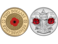Remembrance Day coins from Australia, left, and Canada have both been made using colour printing.