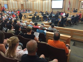 Some residents attending Monday evening's Saskatoon city council meeting were forced to stand in a packed council chamber on June 25, 2018. (Phil Tank/ Saskatoon StarPhoenix)