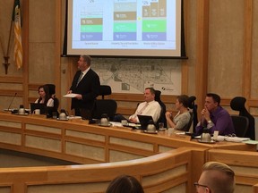Coun. Randy Donauer, standing, asks a question while Saskatoon city council considers several proposals to change the way trash is collected on Monday, Sept. 24, 2018. (PHIL TANK/The StarPhoenix)