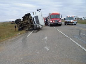 Saskatchewan RCMP distributed photos of the scene where a bus carrying pipeline workers collided with a truck on Sept. 14, 2018, near Kerrobert. Of the 16 people on the bus, 10 were injured.