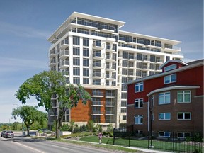 An artist's rendering of North Prairie Developments Ltd.'s proposed 12-storey condominium tower for the empty lot at the corner of College Drive and Clarence Avenue.