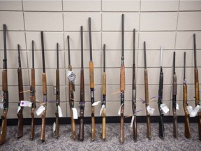 Firearms seized during a 2018 provincial gun amnesty in which people could bring in unwanted firearms in an effort to keep them off the street.
