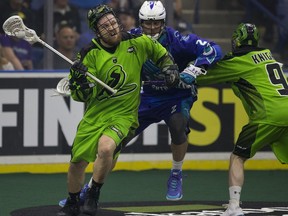 Saskatchewan Rush defender Mike Messenger moves the ball against Rochester during last season's NLL final.