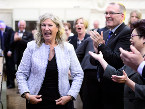 New Conservative MP Leona Alleslev is welcomed during the conservative caucus meeting on Parliament Hill on Sept. 19, 2018.