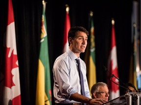 Prime Minister Justin Trudeau addresses the Liberal Party National Caucus meeting in Saskatoon on Wednesday, September 12, 2018.