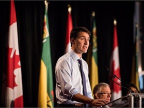 Prime Minister Justin Trudeau addresses the Liberal Party National Caucus meeting in Saskatoon on Wednesday, September 12, 2018.