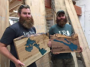 Mitch Beckett and Travis Erixon inside the Lost River Timber workshop in Saskatoon on August 29, 2018. (Erin Petrow/ Saskatoon StarPhoenix)