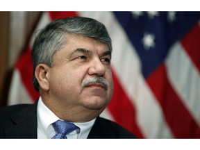 In this April 4, 2017 file photo, AFL-CIO president Richard Trumka listens at the National Press Club in Washington. Trump tweeted Monday that AFL-CIO President Richard Trumka "represented his union poorly on television this weekend." He added: "it is easy to see why unions are doing so poorly. A Dem!" Trumka appeared on "Fox News Sunday," where he said efforts to overhaul the North American Free Trade Agreement should include Canada. He also said of Trump: "the things that he's done to hurt workers outpace what he's done to help workers."