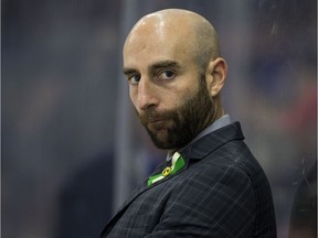 Saskatoon Blades head coach Mitch Love watches as his team takes on the Swift Current Broncos in WHL action at SaskTel Centre in Saskatoon on Saturday, September 22, 2018.