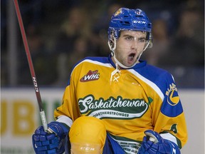 Saskatoon Blades defenceman Dawson Davidson celebrates a goal against the Swift Current Broncos during the first period of WHL action at SaskTel Centre in Saskatoon on Saturday, September 22, 2018.