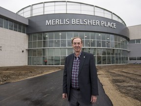 Merlis Belsher stands for a photograph at the entrance of Merlis Belsher Place on the University of Saskatchewan campus in Saskatoon, SK on Monday, October 1, 2018.