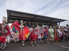 Dancers perform during a ceremony for the opening of the Chief Mistawasis Bridge in Saskatoon, SK on Tuesday, October 2, 2018.