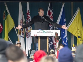 Saskatoon Mayor Charlie Clark speaks during a ceremony for the opening of the Chief Mistawasis Bridge in Saskatoon, SK on Tuesday, October 2, 2018.