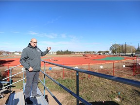 Johnny Marciniuk with the Friends of the Bowl Foundation leads a tour of the new development at the Gordie Howe Sports Complex in Saskatoon on Oct. 3, 2018.