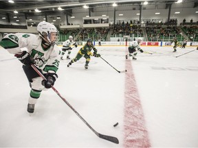 University of Saskatchewan Huskies forward Emily Upgang moves the puck against the University of Alberta Pandas during first-period U Sports women's hockey action during what was the first Huskies game at Merlis Belsher Place in Saskatoon on Friday, October 5, 2018.