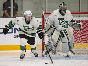 University of Saskatchewan Huskies defence Kayla Kirwan moves the puck against the University of Alberta Pandas during first period U Sports Women's Hockey action at the first game at Merlis Belsher Place in Saskatoon, SK on Friday, October 5, 2018.