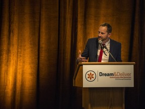 Saskatchewan NDP leader Ryan Mieli speaks during the 2018 Saskatchewan NDP Convention at TCU Placein Saskatoon, SK on Saturday, October 13, 2018.