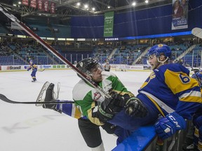 Saskatoon Blades head coach Mitch Love expresses his feelings with the Prince Albert Raiders bench during third-period WHL action at SaskTel Centre in Saskatoon on Sunday, October 14, 2018.