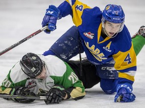 Saskatoon Blades defence Dawson Davidson and Prince Albert Raiders forward Dane Schioler during 2nd period WHL action at SaskTel Centre in Saskatoon, SK on Tuesday, October 14, 2018.