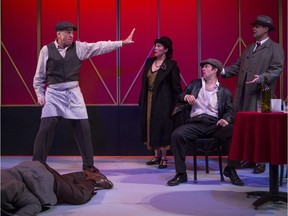 Kent Allen, performing as Studsy, from left, Christopher Duthie, performing as Gilbert Waynat/Arthur Nunheim, Nadien Chu, performing as Nora Charles, and Graham Percy, performing as Herbert Macauley during a media call performance of The Thin Man at Persephone Theatre in Saskatoon, SK on Tuesday, October 23, 2018.