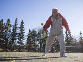 Zoli Hajnal, 85 years old and professor Emeritus of geological sciences at the University of Saskatchewan, took advantage of the warm autumn weather by practicing at the College of Education tennis courts in Saskatoon on Oct. 22, 2018.