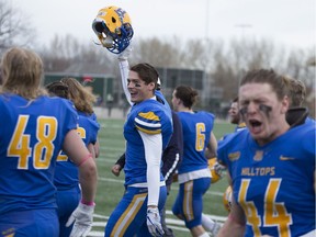 Saskatoon Hilltops members celebrate after a win against the Edmonton Huskies during the Prairie Football Conference final at SMF Field in Saskatoon on Sunday, October 28, 2018.