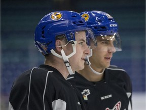 Saskatoon Blades newcomers Zach Huber, right, and Gary Haden during practice at SaskTel Centre in Saskatoon on Wednesday, October 31, 2018.