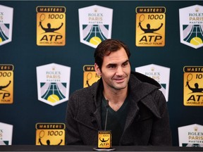 PARIS, FRANCE - OCTOBER 30: Roger Federer of Switzerland speaks during a press conference on Day 2 of the Rolex Paris Masters on October 30, 2018 in Paris, France.