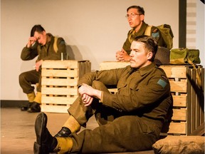 Kyle Kuchirka (upper left), Devin Ross (upper right), and Donny Ready (centre) are all in the cast of A Soldier's War, the next Live Five production at the Refinery in Saskatoon and opening on Nov. 1, 2018.