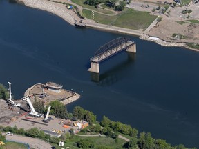 This May 2016 aerial photo shows the last remaining span of Saskatoon's Traffic Bridge in the middle of the South Saskatchewan River.