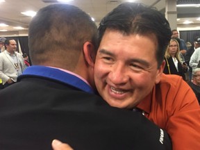Bobby Cameron was greeted by supporters after being re-elected chief of the Federation of Sovereign Indigenous Nations (FSIN) on Oct. 25, 2018