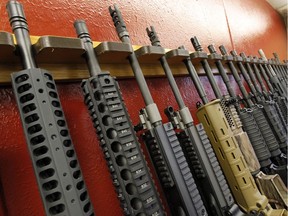 In this file photo, a row of different AR-15 style rifles are displayed for sale. The Ministry of Environment is looking to acquire similar weapons for conservation officers by April 2019.