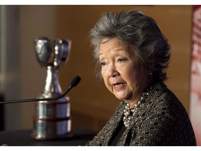 Former governor general Adrienne Clarkson speaks as she donates the Clarkson Cup to the Hockey Hall of Fame in Toronto on Thursday March 7, 2013. Prime Minister Justin Trudeau says he'll reconsider the perks and supports Canada gives former governors general.THE CANADIAN PRESS/Frank Gunn
