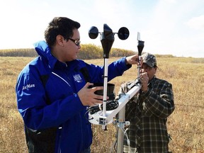 Researchers assemble the first climate monitoring station at Okanese First Nation in Saskatchewan in a handout photo. University of Saskatchewan researchers are working with the Okanese First Nation in southern Saskatchewan on a project to track and adapt to the effects of climate change on reserve lands.
