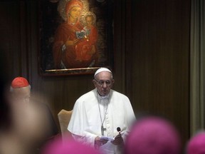 Pope Francis speaks on the occasion of the opening of the15th Ordinary General Assembly of the Synod of Bishops, at the Vatican, Wednesday, Oct. 3, 2018. The Oct. 3-28 synod is opening under a fresh cloud of scandal with new revelations about decades of sexual misconduct and cover-up in the U.S., Chile, Germany and elsewhere. That has sent confidence in Francis' leadership to all-time lows among the American faithful.