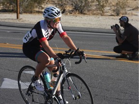 Saskatoon ultra-endurance cyclist Meaghan Hackinen on her way toward smashing the women's 24-hour time trial record during the 2018 24 Hour World Time Trial Championships in Borrego Springs, Calif.