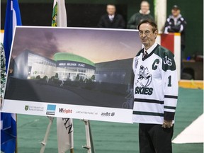 Merlis Belsher along with University of Saskatchewan president Peter Stoicheff unveiled the rendering of a new facility after it was announced that the former U of S grad Merlis Belsher will donate $12.25 million dollars to help fund a new twin-ice facility on campus, October 13, 2016