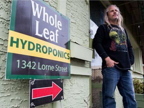 REGINA, SASK : October 12, 2018 -- Darin Wheatley, owner of Whole Leaf Healing Tree Hydroponics Equipment and Supplies, stands in front of his store on Lorne Street. BRANDON HARDER/ Regina Leader-Post