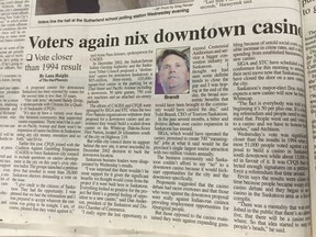 This article from the Oct. 23, 2003 edition of the Saskatoon StarPhoenix details the rejection by Saskatoon voters of a proposal to build a downtown casino that would have been run by a First Nation. The 2003 election marked the last time a public vote was held in Saskatoon.