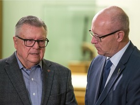 REGINA, SASK : October 9, 2018 -- Canada's Minister of Public Safety Ralph Goodale speaks to Saskatchewan's Government Relations Minister Warren Kaeding at the Saskatchewan Legislative Building during an event announcing infrastructure spending to upgrade electrical systems at the Buffalo Pound Water Treatment Plant. BRANDON HARDER/ Regina Leader-Post