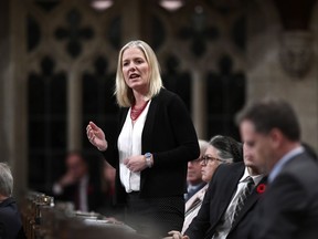 Minister of Environment and Climate Change Catherine McKenna rises during Question Period in the House of Commons on Parliament Hill in Ottawa on Friday, Oct. 26, 2018.