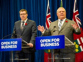 Saskatchewan Premier Scott Moe (left) and Ontario Premier Doug Ford hold a joint news conference after a meeting at Queen's Park in Toronto on Monday, October 29, 2018.