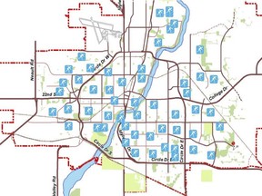 This map shows where Saskatoon's 52 outdoor rinks, which are operated by community associations, are located. (City of Saskatoon)