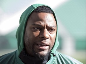 Saskatchewan Roughriders defensive lineman Charleston Hughes speaks to the media after practice at Mosaic Stadium in Regina.