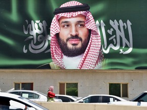 A portrait of Saudi Crown Prince Mohammed bin Salman (MBS) is displayed in the capital Riyadh one day ahead of the the Future Investment Initiative FII conference that will take place in Riyadh Oct. 23 to 25.