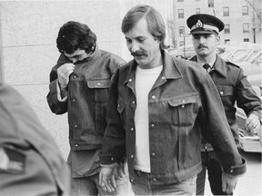 Robert Gulash (left) and David Hares appear at court in Regina in 1976.