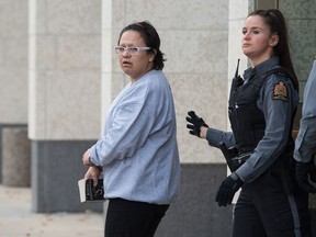 Colinda Lee Hotomani, left, just after being found guilty of second-degree murder in the 2016 death of Ryan Sugar at the Court of Queen's Bench on Victoria Avenue.